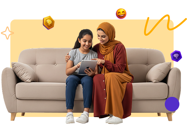 women with his girl watching tablet 